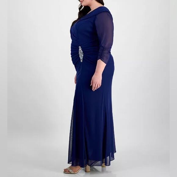 Alex Evenings Plus Size Portrait-Collar Side-Ruched A-Line Dress Blue Sz 18W - Picture 3 of 9